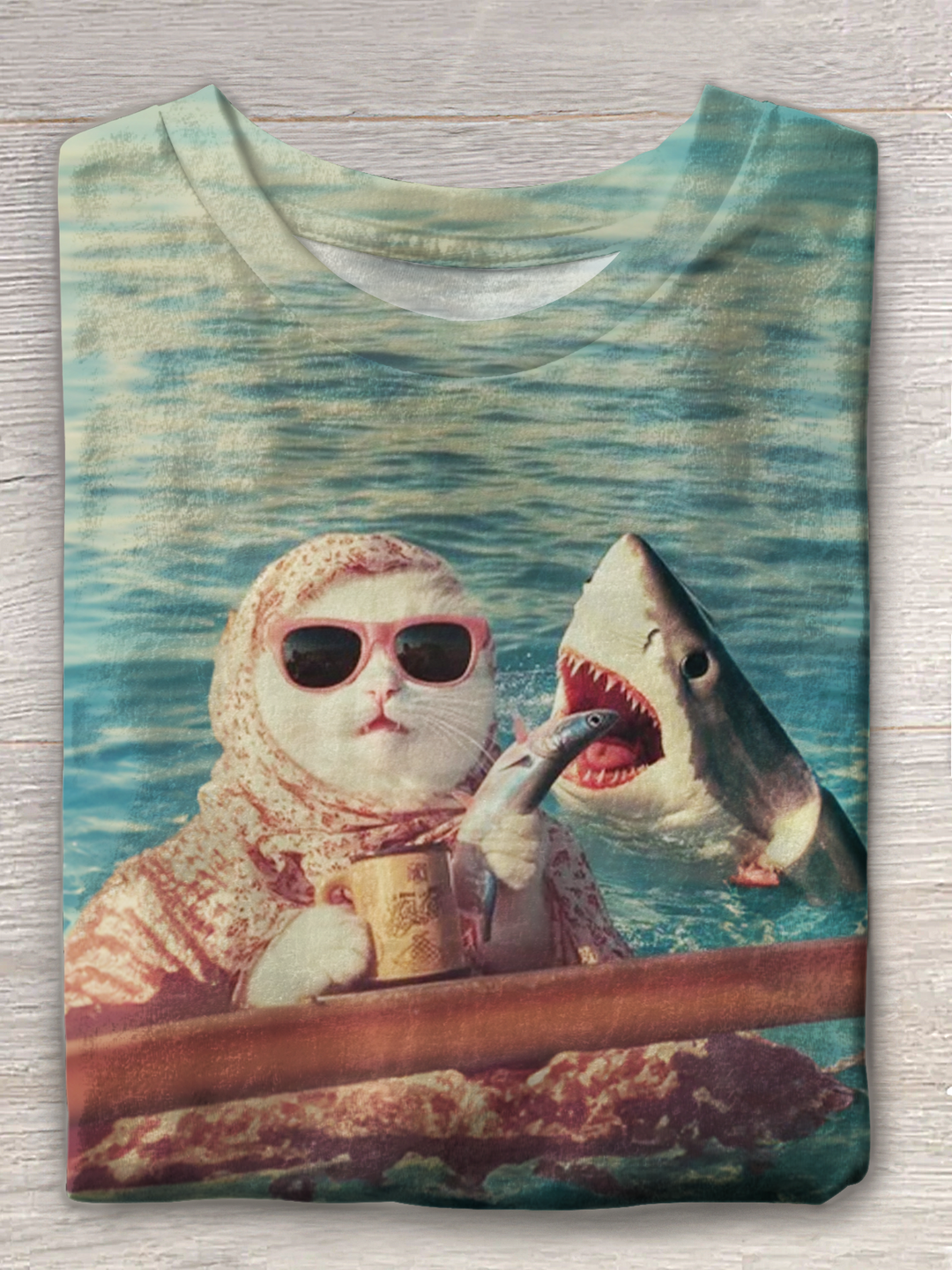 Abstract Retro Cat And Shark Art Crew Neck T-shirt