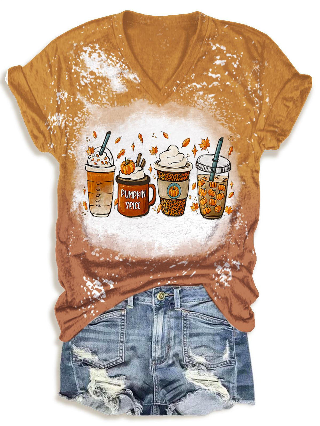 Autumn Milk Tea Pumpkin Print V-neck T-Shirt