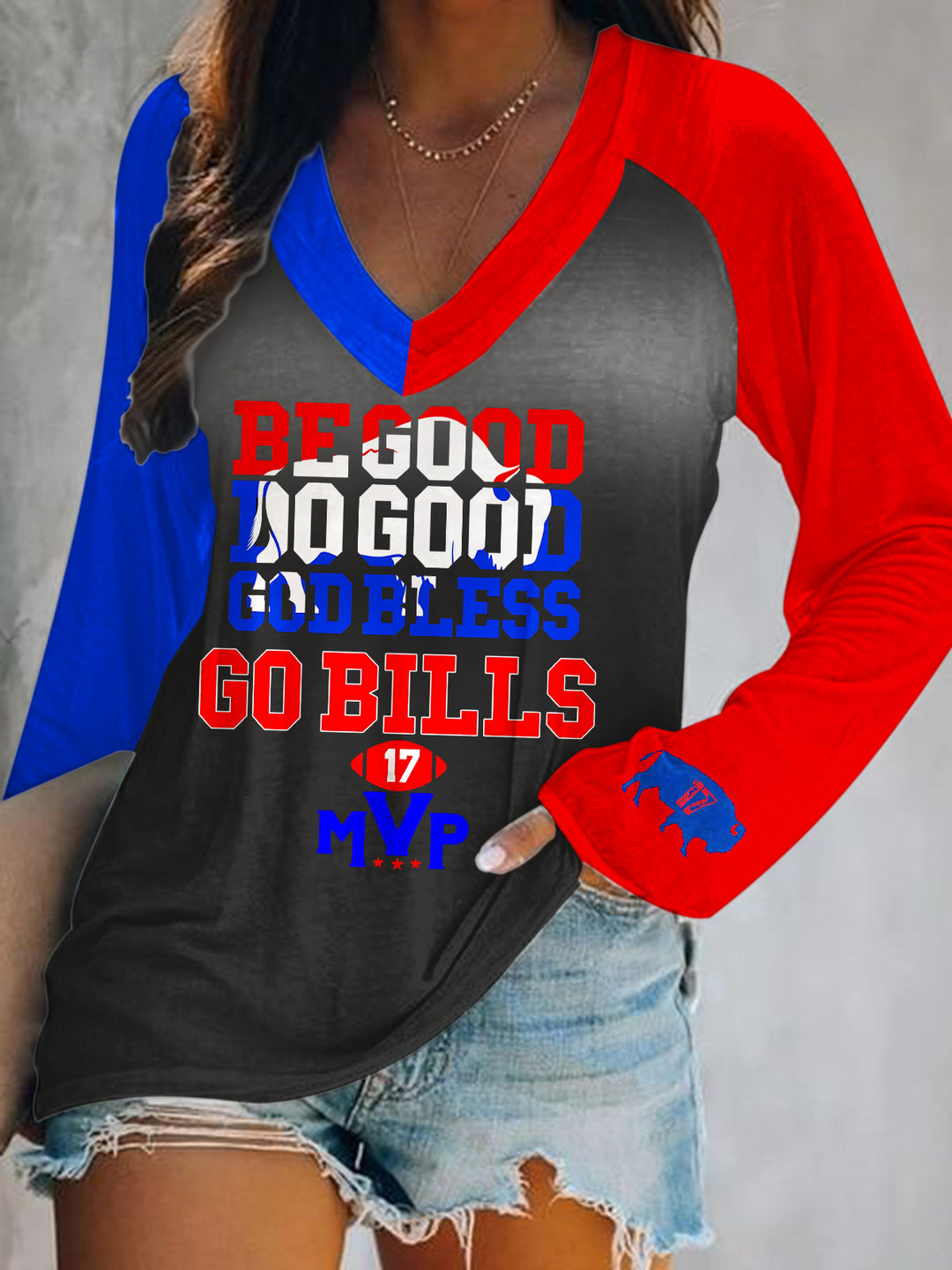 Buffalo Red Blue Contrast Print V-Neck Long Sleeve Top