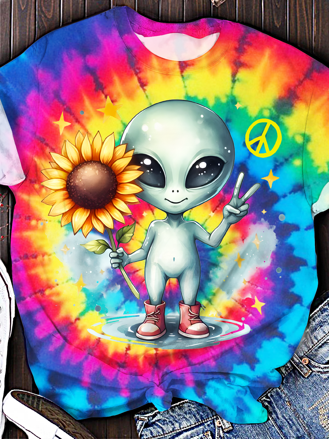 Colorful Tie-dye Hippie Peace Alien Crew Neck T-shirt