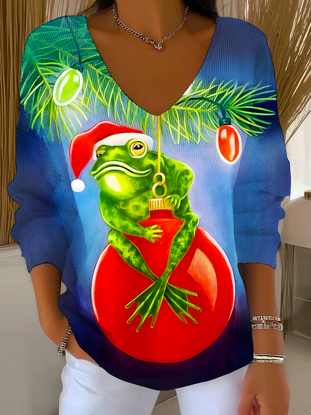 Retro Fun Christmas Tree Frog Casual V Neck Pullover Sweater