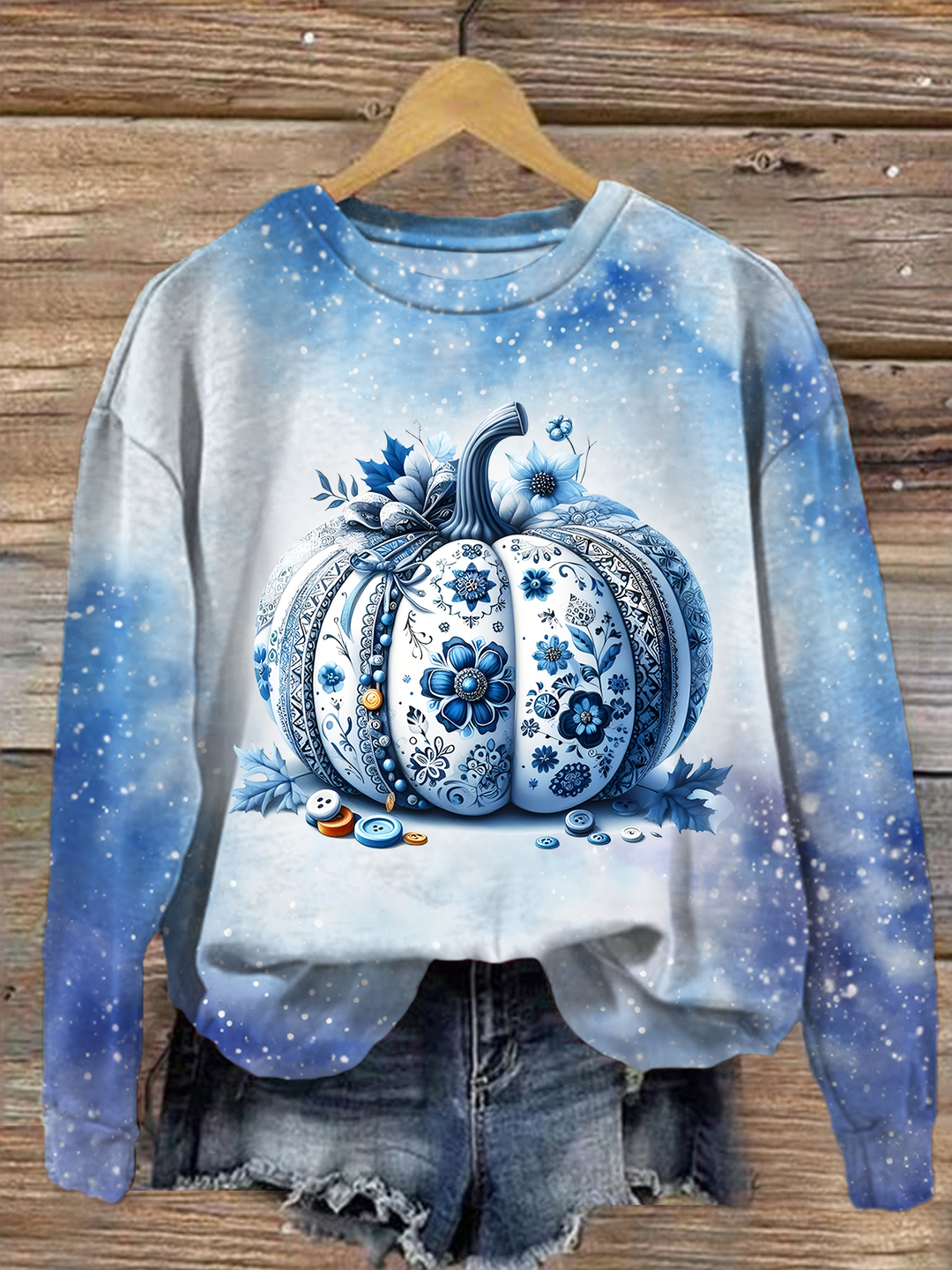 Retro Gradient Blue And White Halloween Pumpkin Art Printed Long Sleeve Casual Top