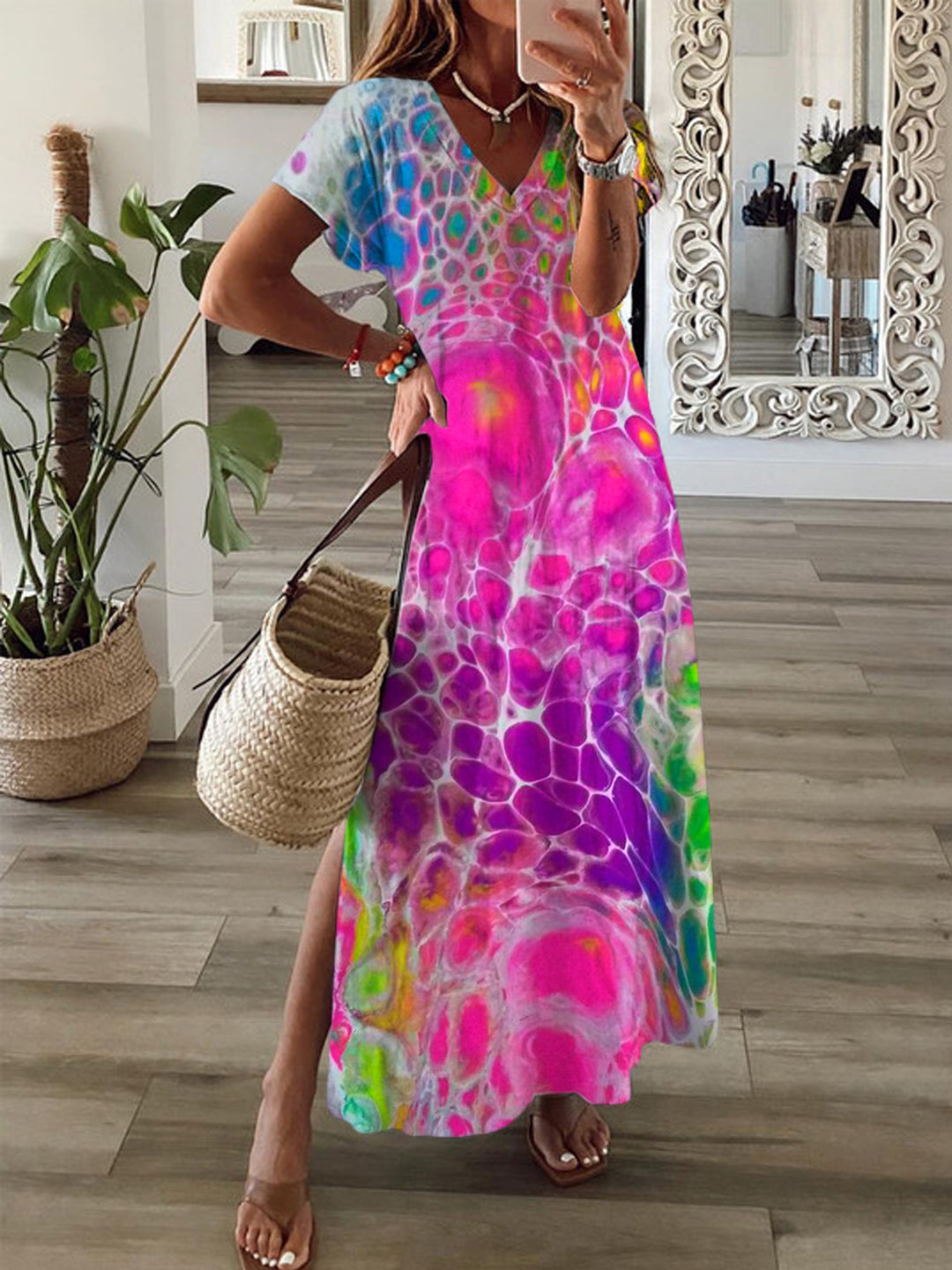 Rainbow Color Tie Dye Short Sleeve V Neck Maxi Dress
