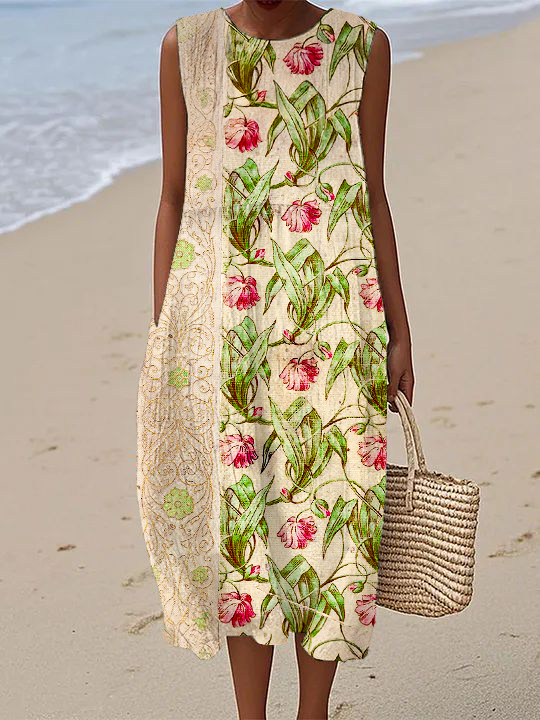 Vintage Classic Flower Art Crinkled Sleeveless Dress