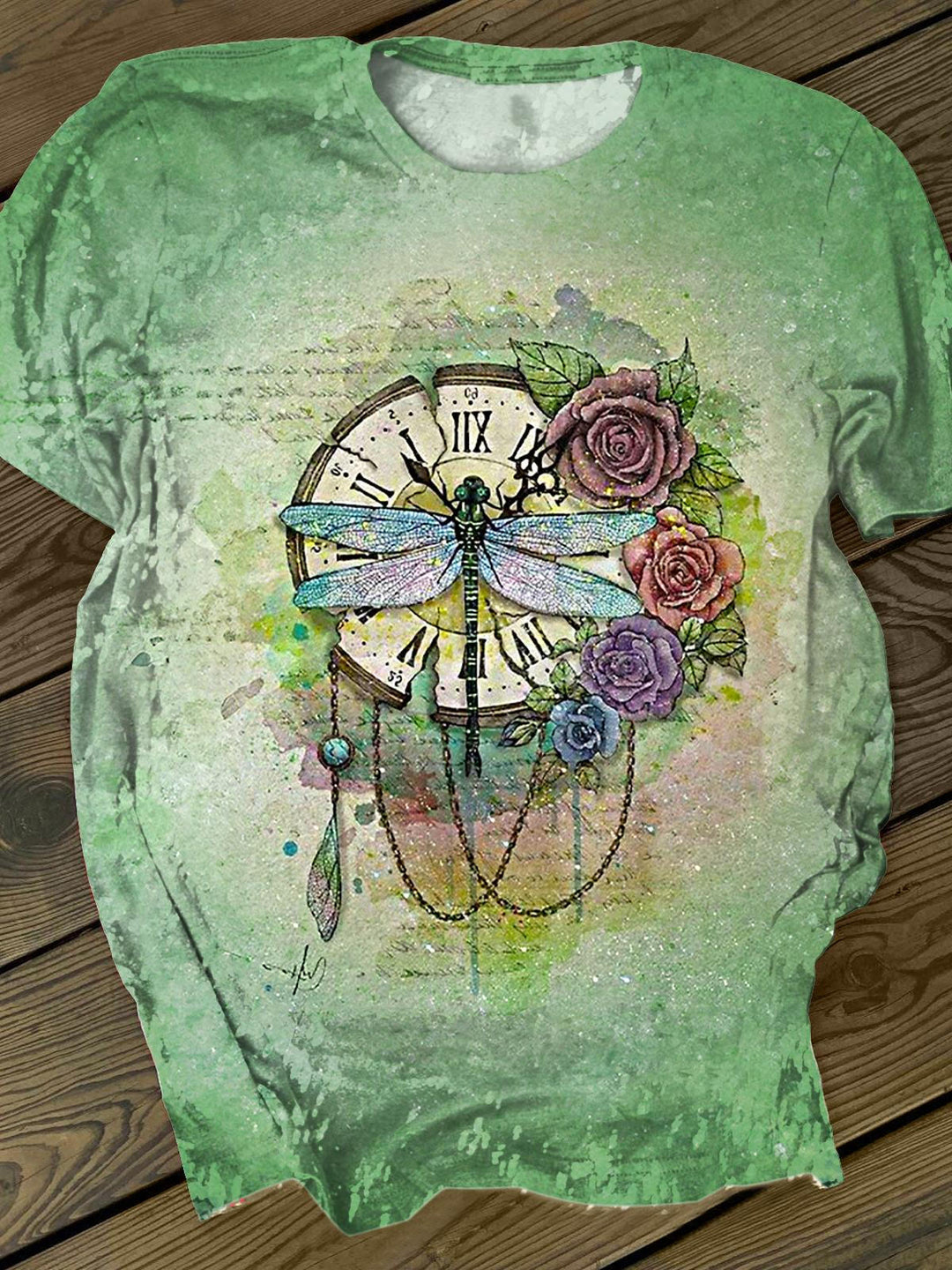 Retro Dragonfly Print Crew Neck T-shirt