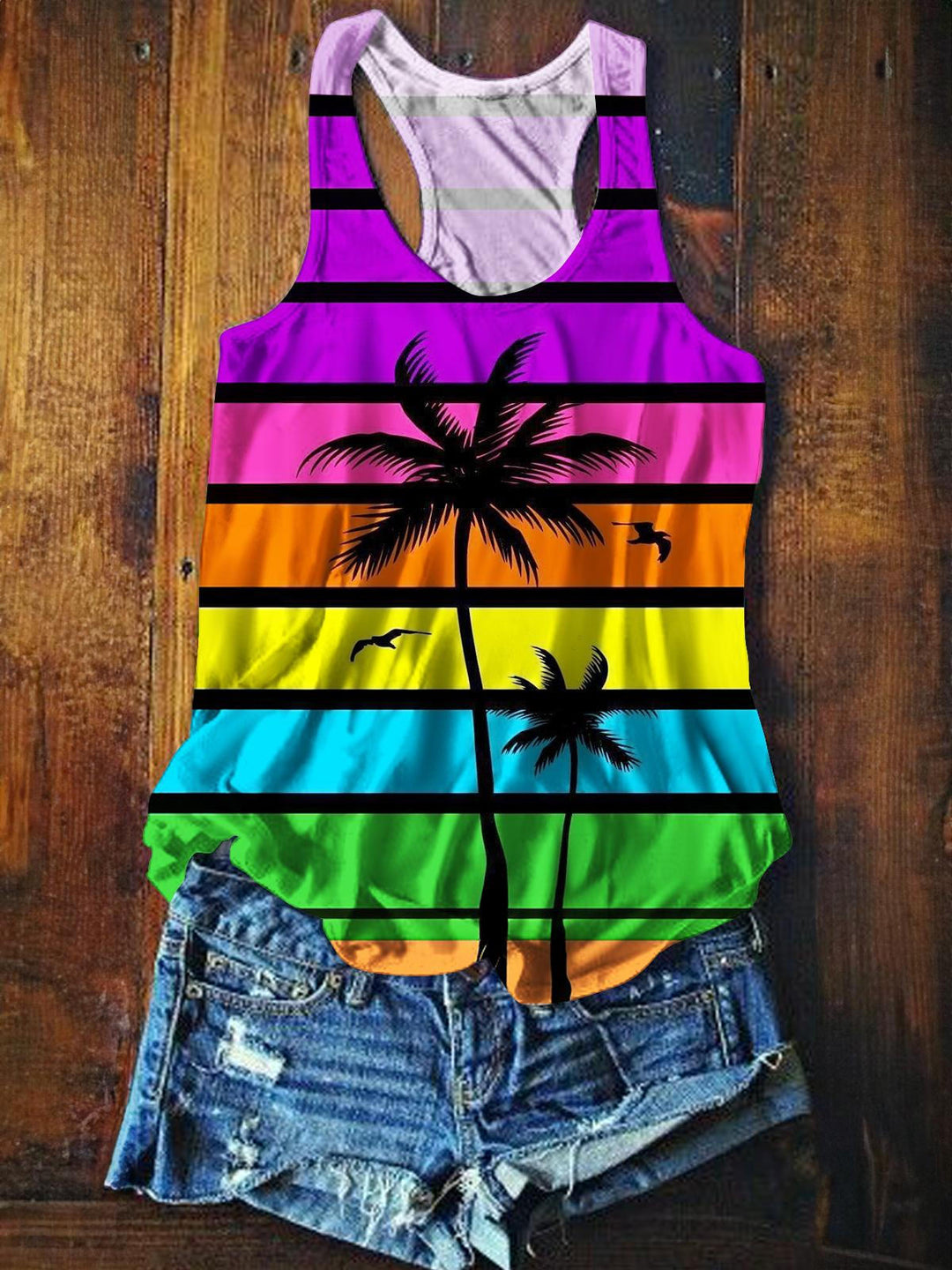 Rainbow Coconut Tree Printed Casual Tank Top