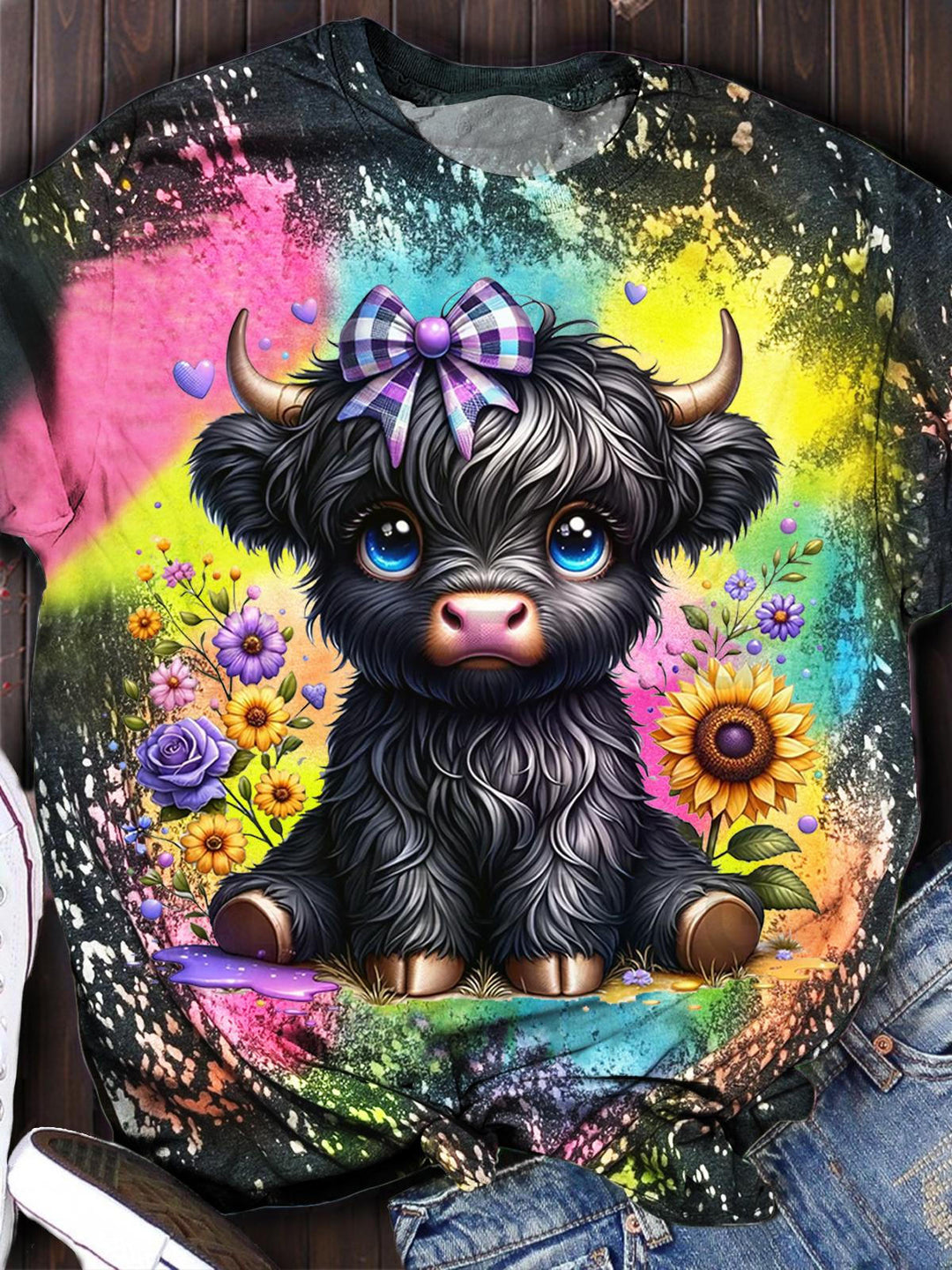 Black Highland Cow Print Casual Top