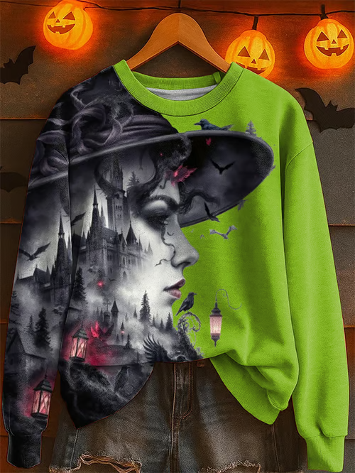 Halloween Witch Art Printed Long Sleeve Casual Top