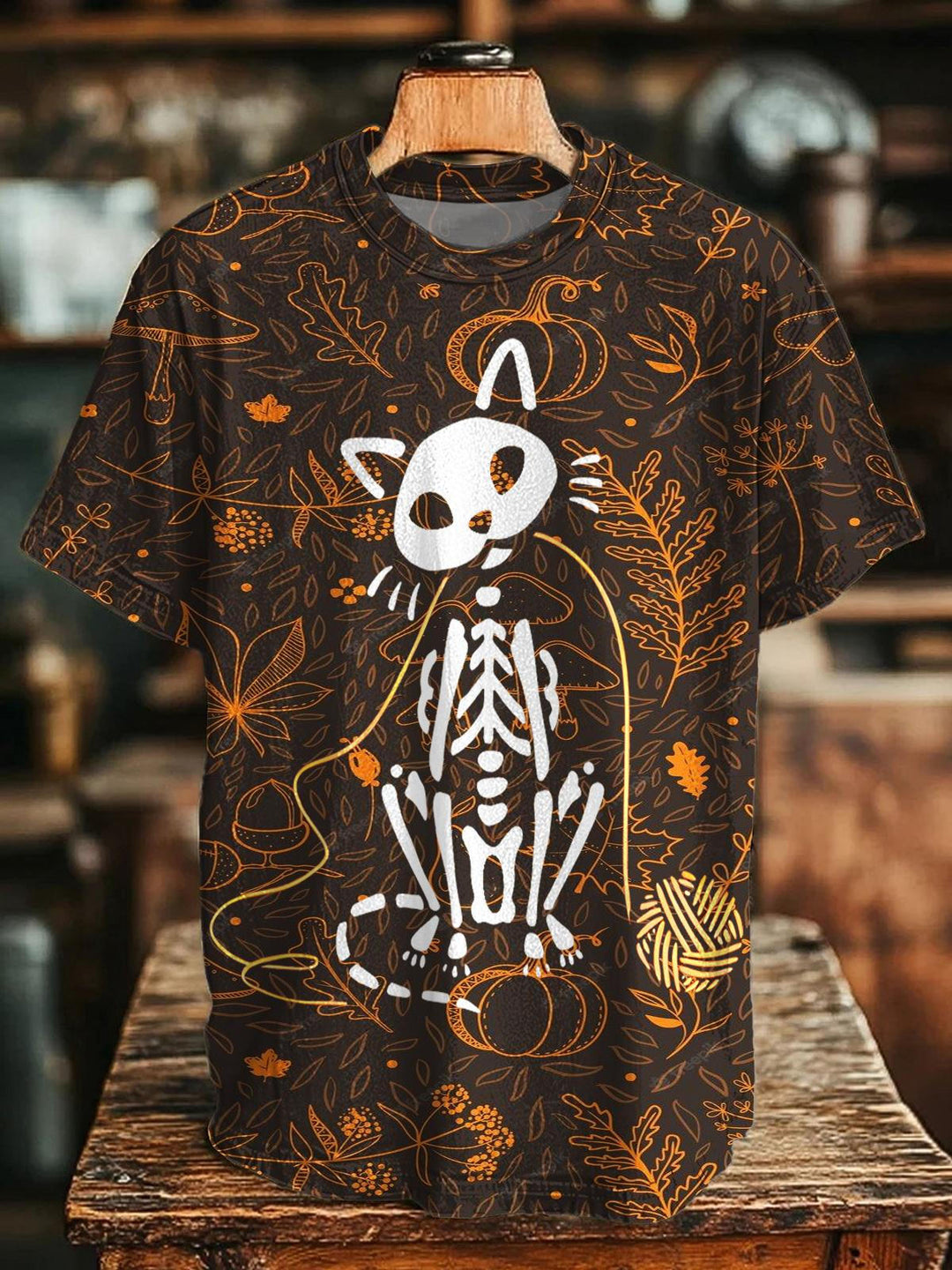 Halloween Autumn Kitten Print Crew Neck T-shirt