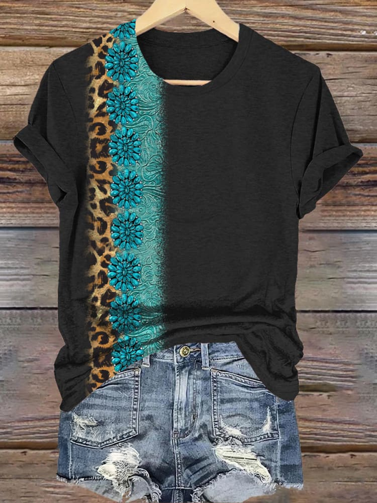 Vintage Turquoise Leopard Art Crew Neck T-shirt