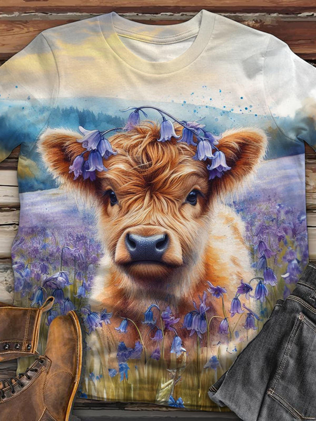 Purple Floral Highland Cow Crew Neck T-shirt