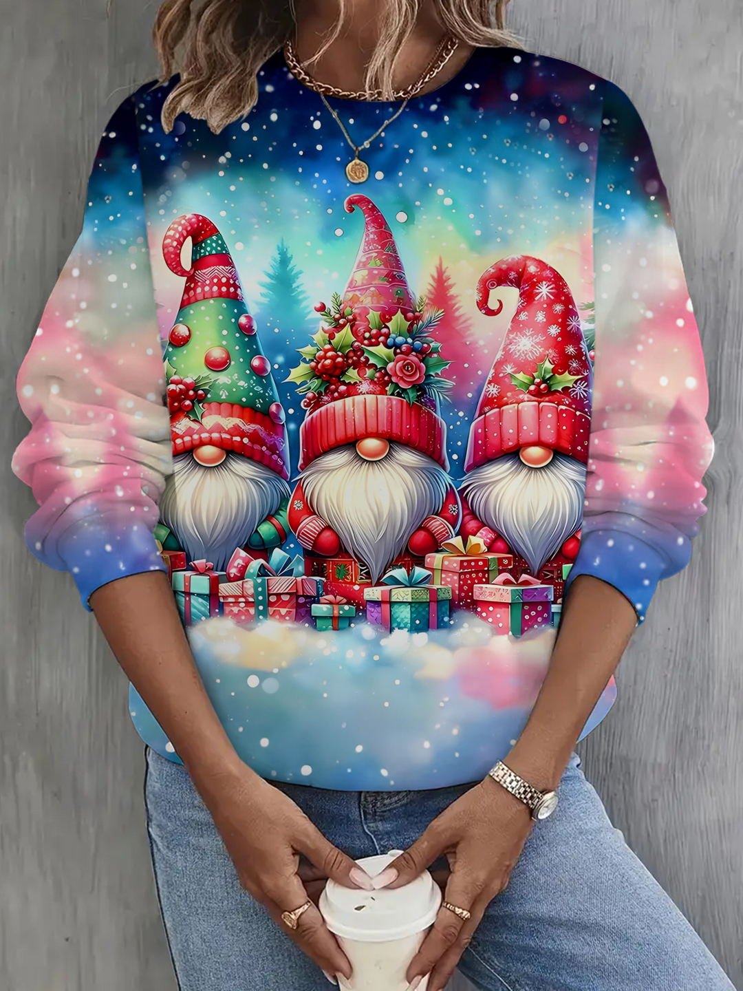Merry Christmas Gnome Printed Long Sleeve Casual Top