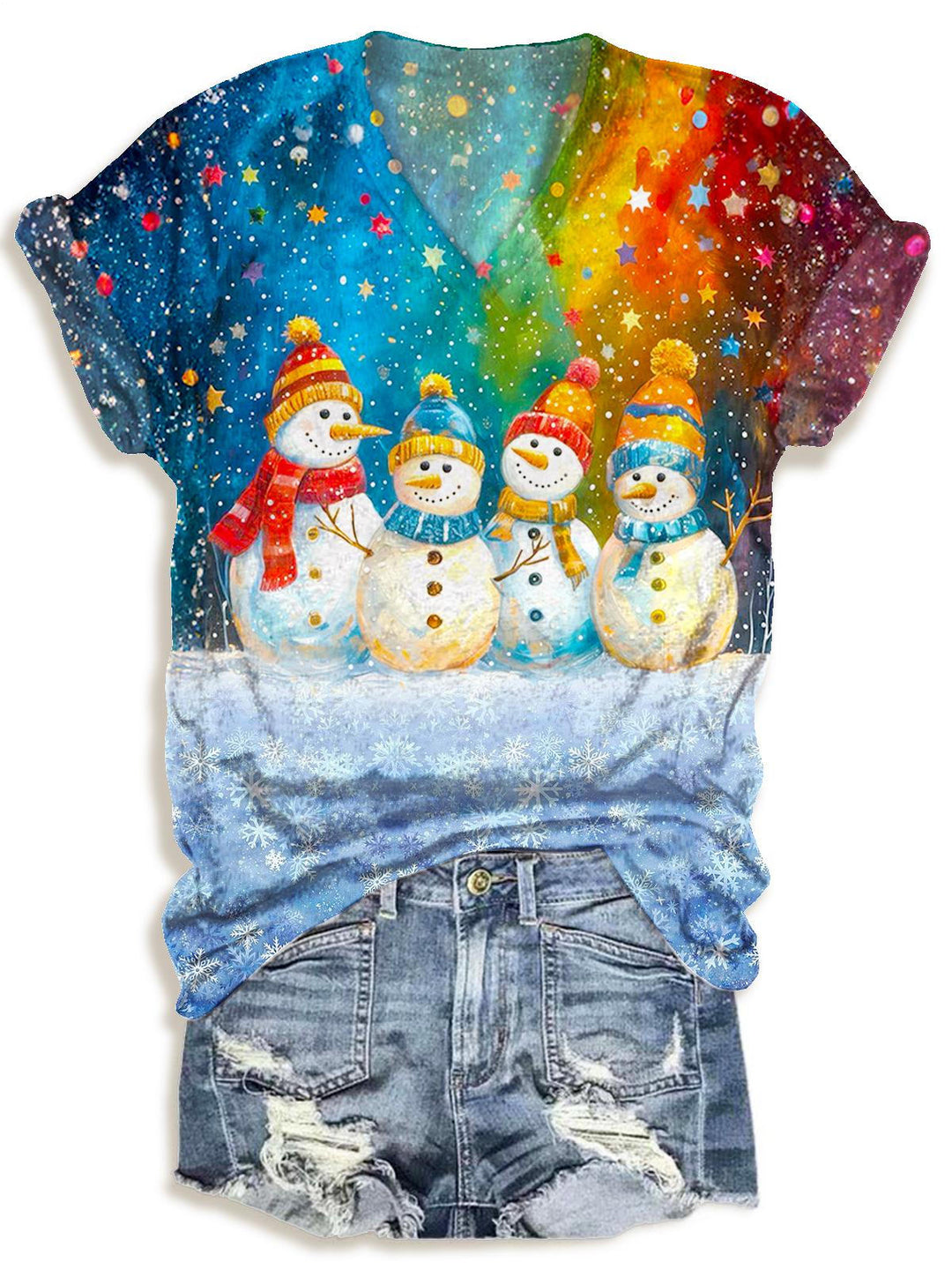 Christmas Snowman Print V-neck T-Shirt