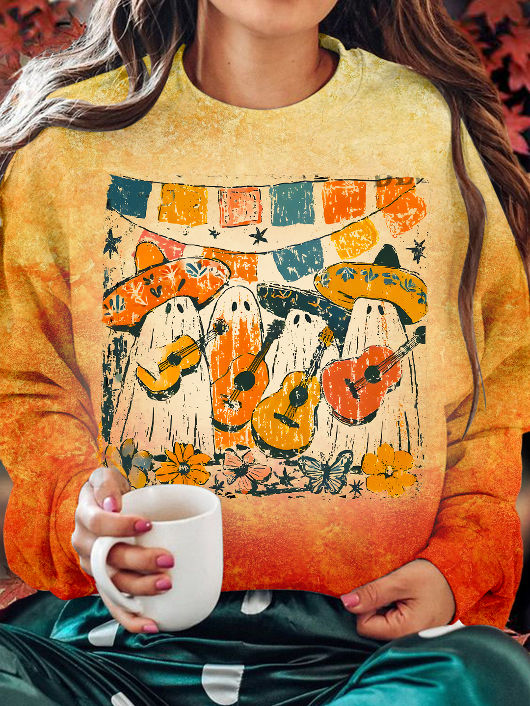 Spooky Mexican Conchas Ghost Printed Long Sleeve Casual Top