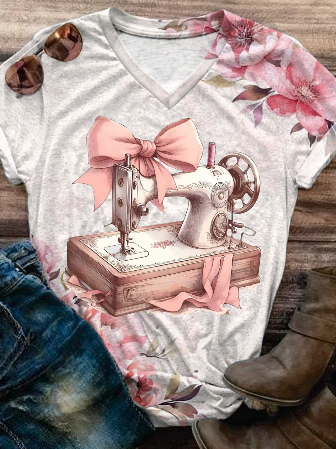 Floral Sewing Machine Art V-neck T-Shirt