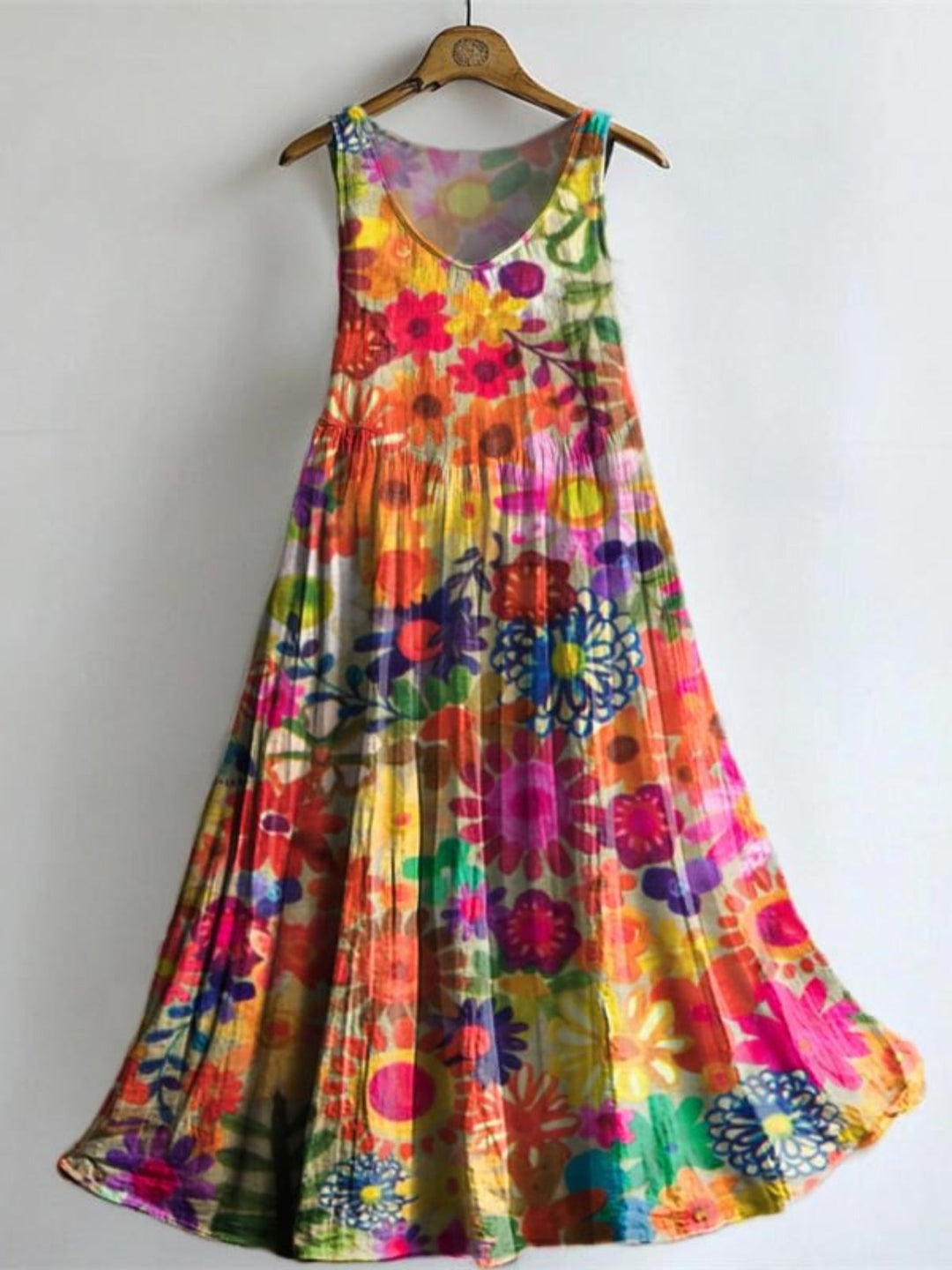 Colorful Hippie Bohemian Floral Art V-neck Bamboo Linen Sleeveless Dress