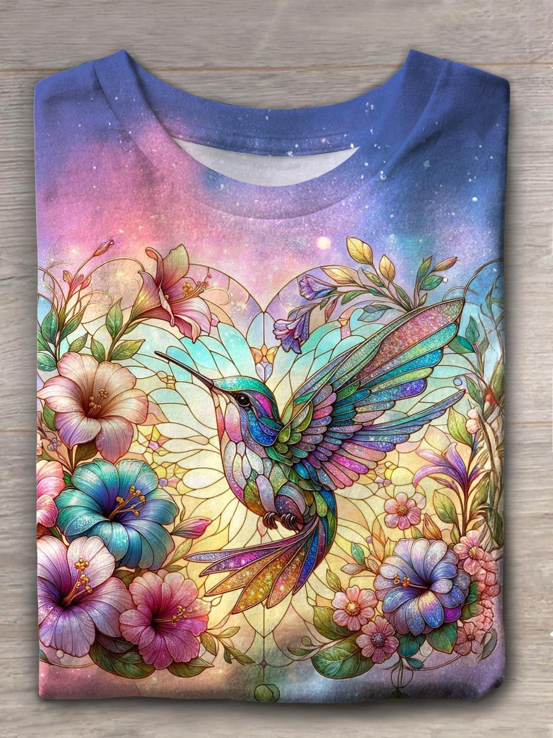 Vintage Hummingbird Flower Crew Neck T-shirt