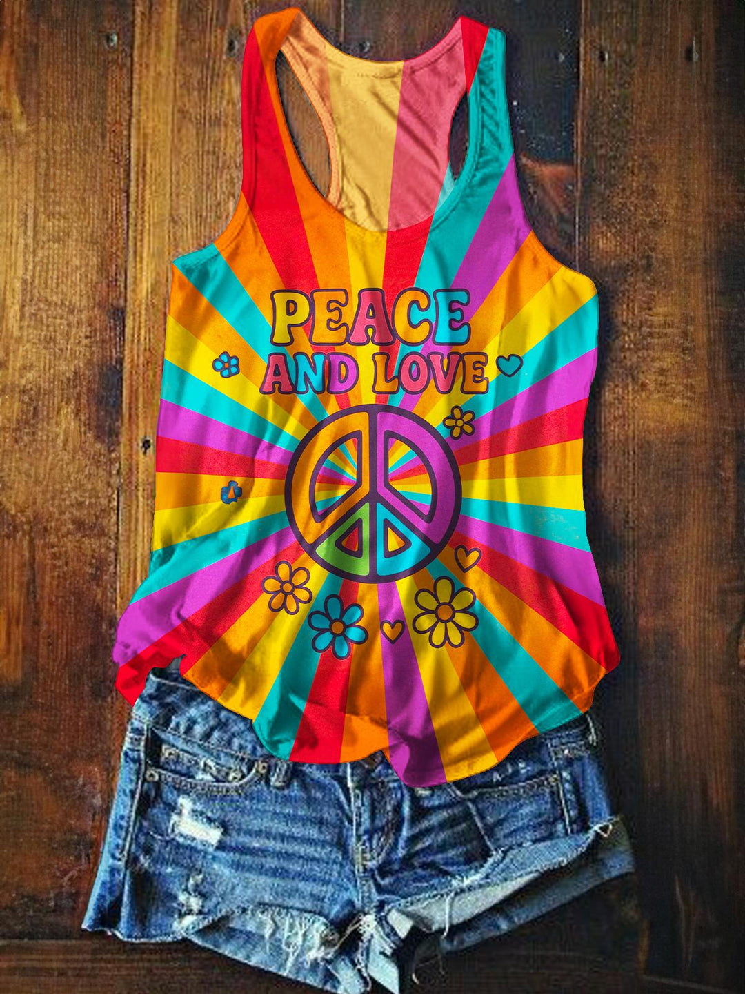 Hippie Rainbow Printed Casual Tank Top