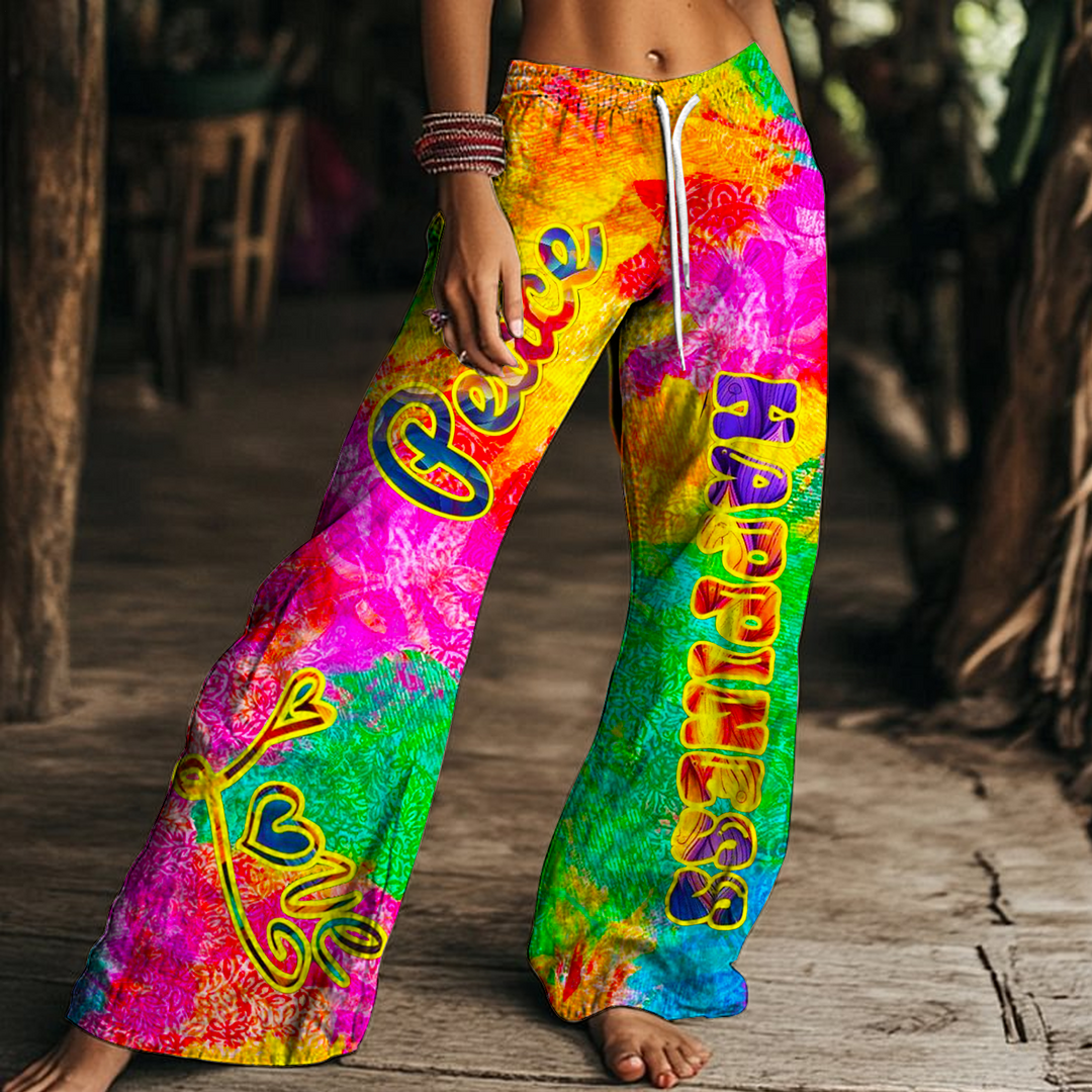Colorful Love And Peace Hippie Art Women's Drawstring Wide-Leg Pants