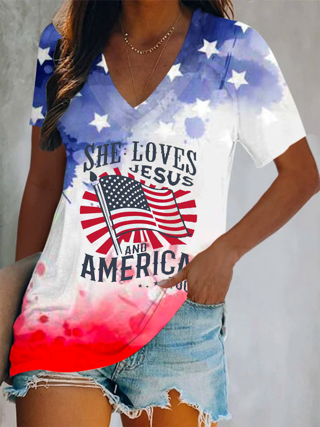 Independence Day Short Sleeve V Neck Print Top