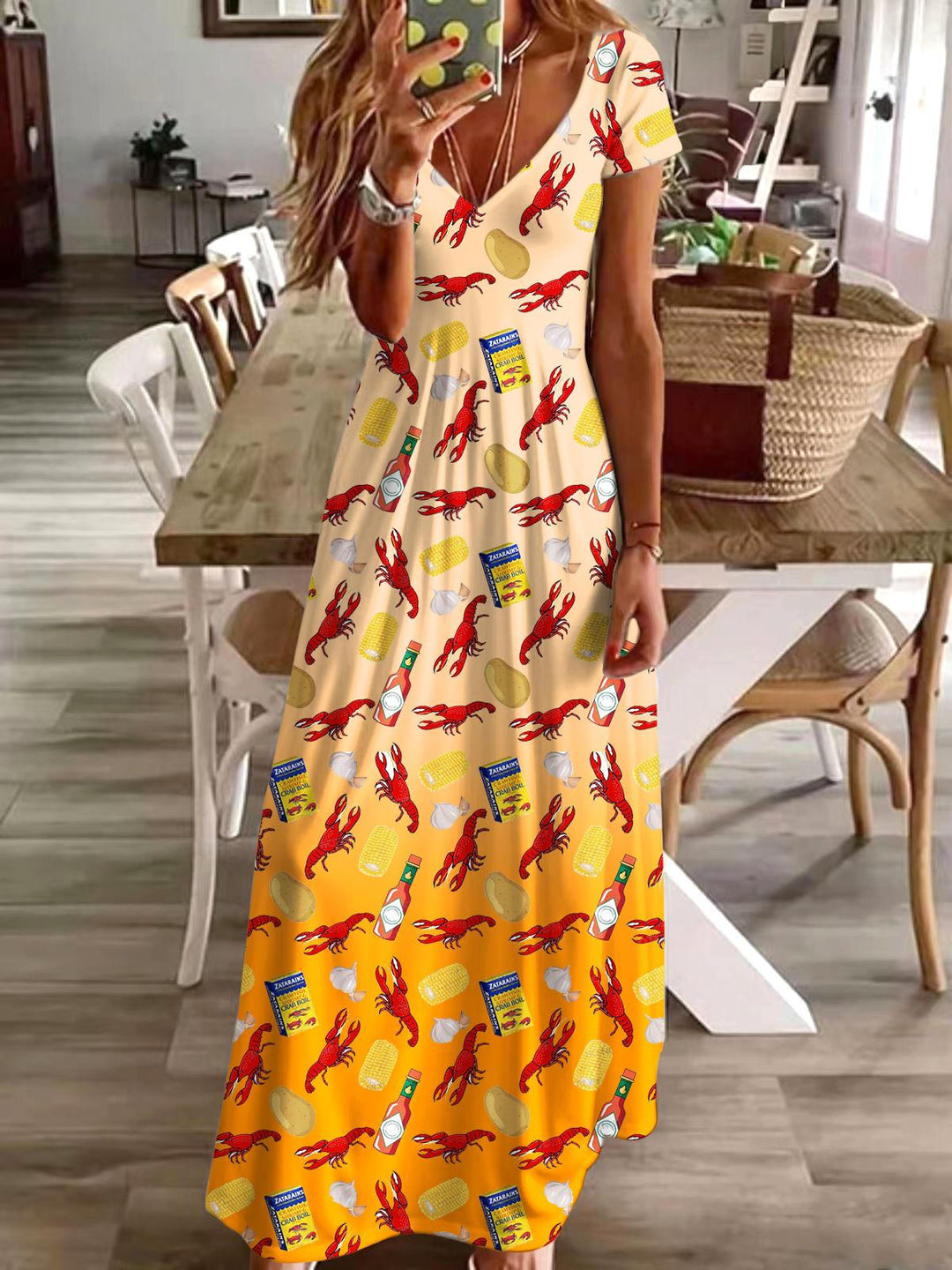 Crayfish Print Short Sleeve V Neck Maxi Dress