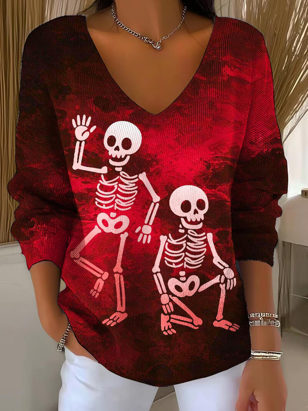Halloween Skull Print Casual V Neck Pullover Sweater