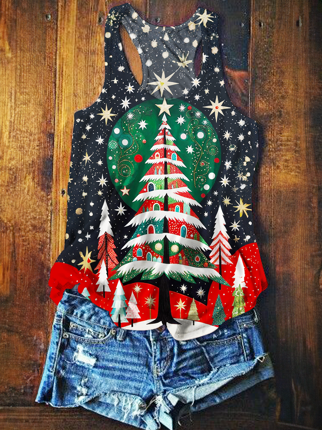 Retro Christmas Tree Printed Casual Tank Top