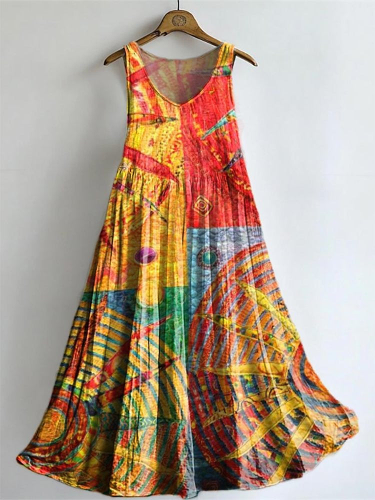 Colorful Hippie Sun Collage Art V-neck Bamboo Linen Sleeveless Dress