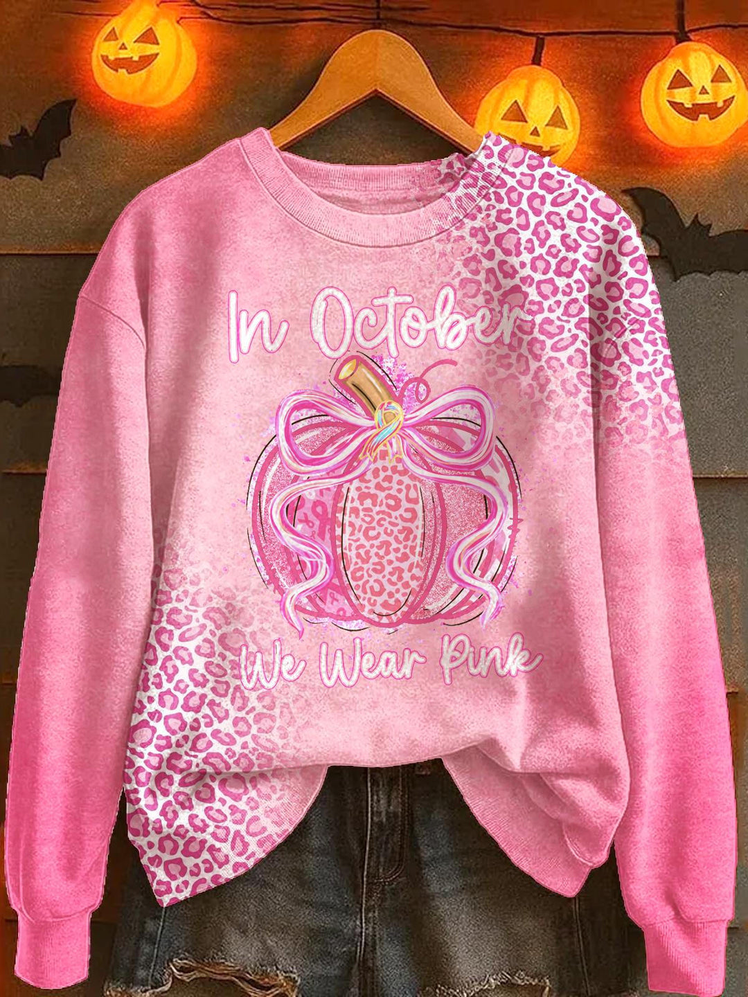 Fall Breast Cancer Pumpkin Printed Long Sleeve Casual Top