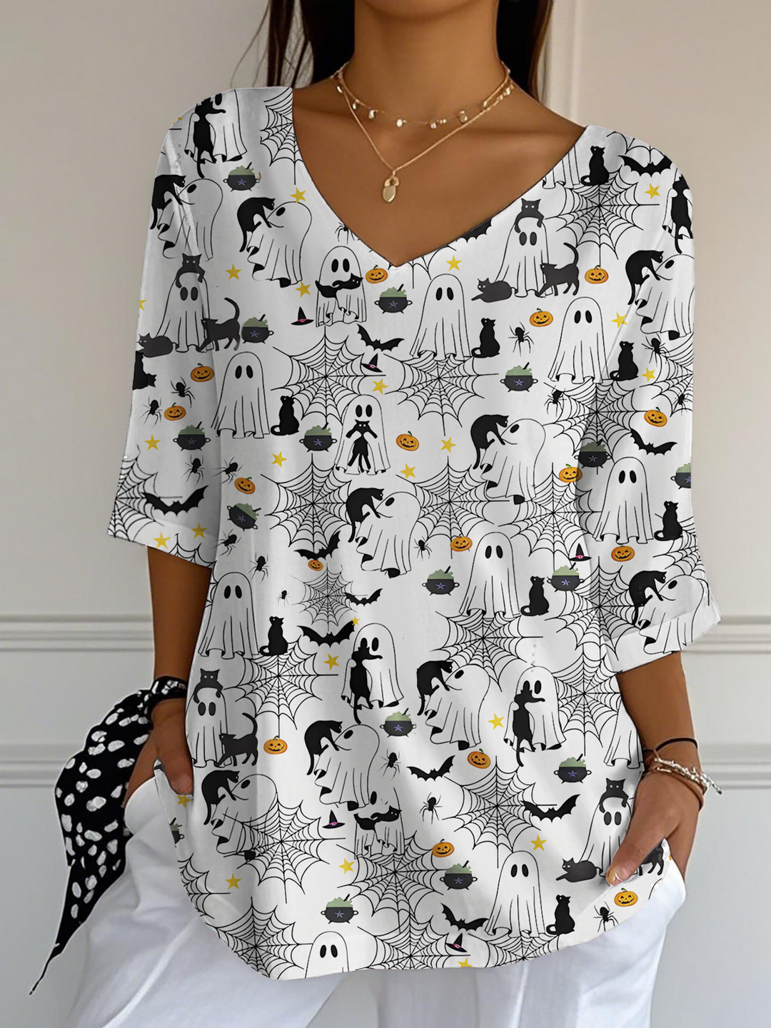 Cute Ghost Black Cat Blouse Ladies Loose Short Sleeve T-shirt