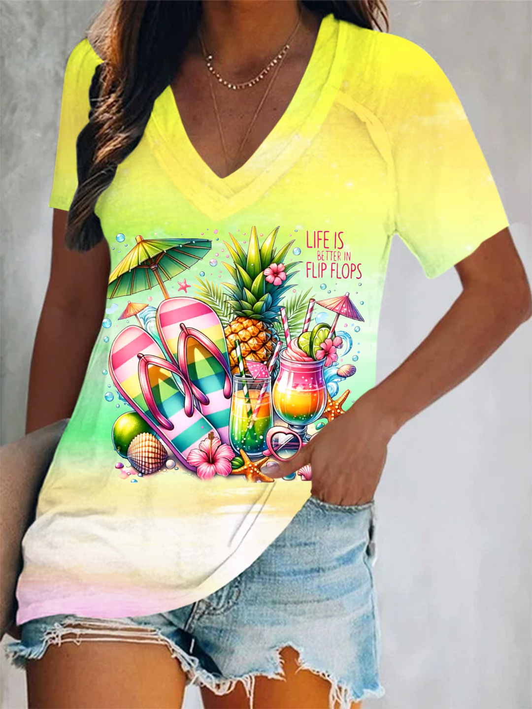 Life Is Better In Flip Flops Short Sleeve V Neck Print Top
