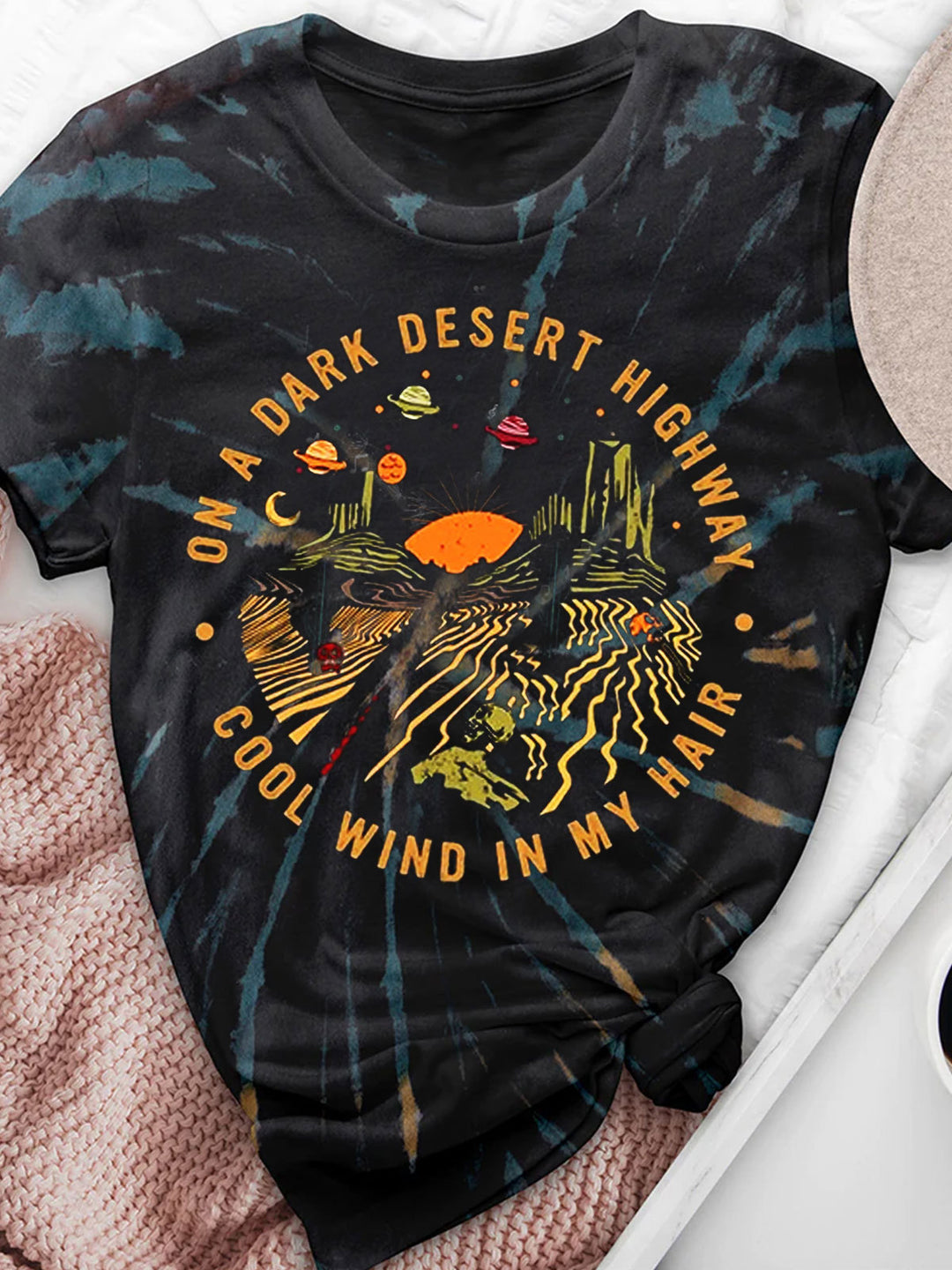 On A Dark Desert Highway Print Crew Neck T-shirt