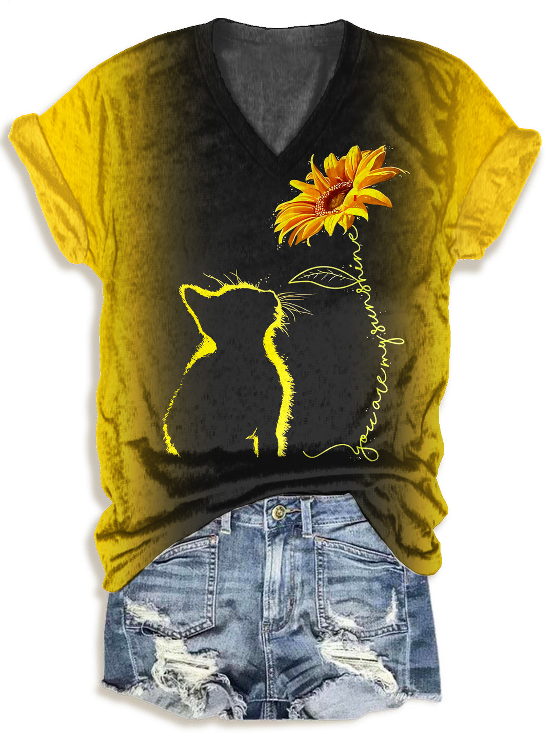 Autumn Sunflower And Kitten Print V-neck T-Shirt
