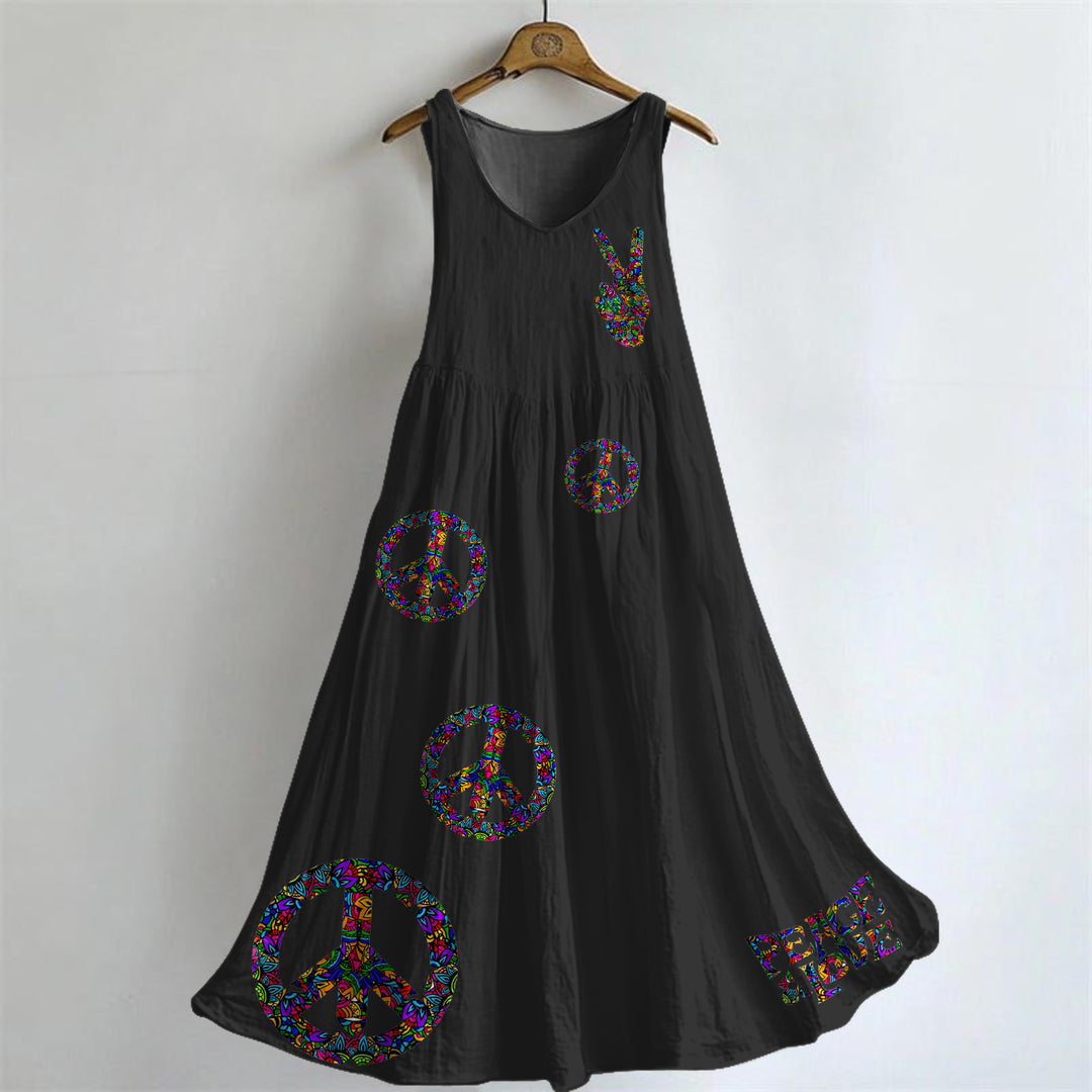 Hippie Irregular Art V-neck Bamboo Linen Sleeveless Dress