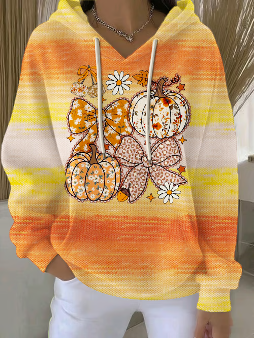 Floral Pumpkin Loose Fit Hooded Sweatshirt With Pockets