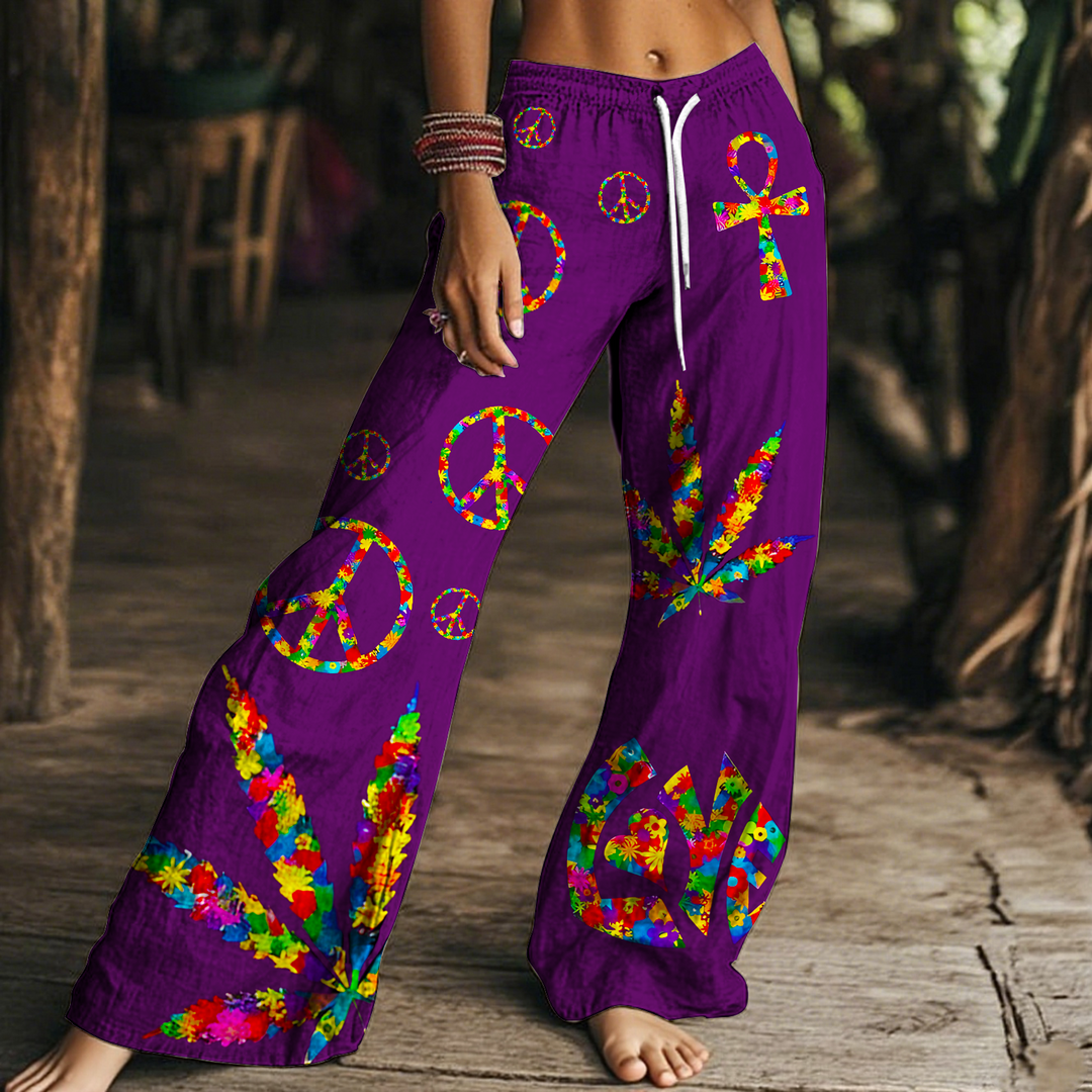 Women's Hippie Art Drawstring Wide-Leg Pants
