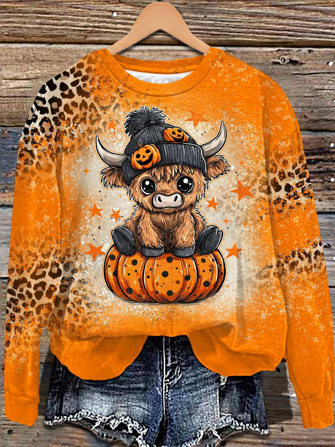 Autumn Pumpkin Highland Cow Print Long Sleeve Casual Top