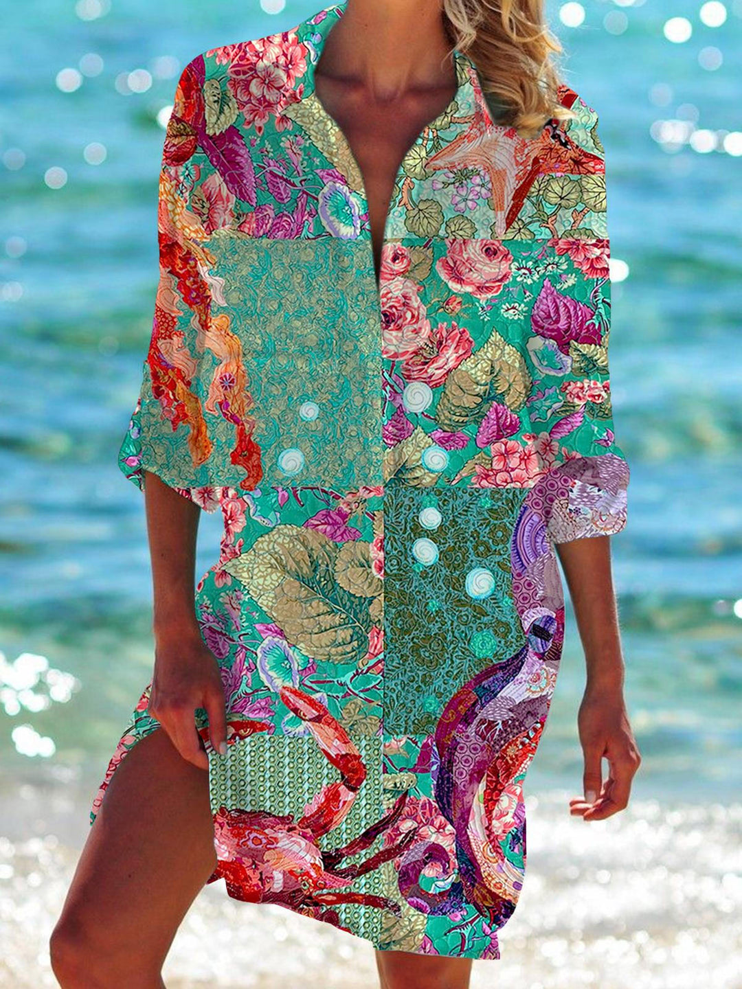 Flowers And Marine Life Long Sleeve Beach Shirt Dress