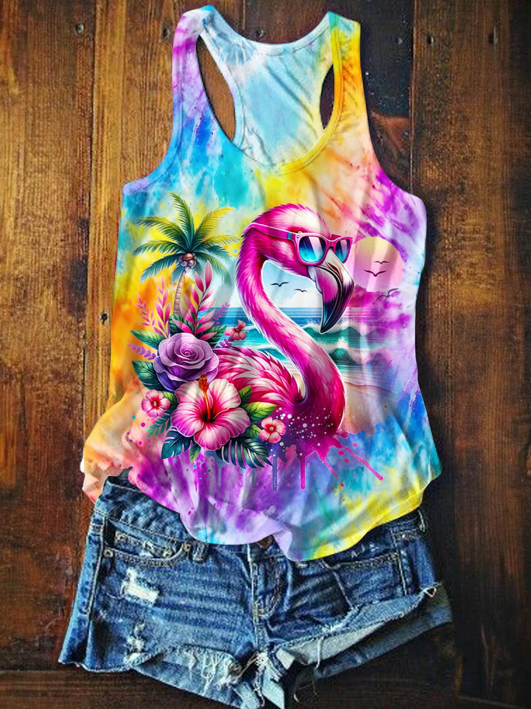 Colorful Holiday Flamingo Printed Casual Tank Top