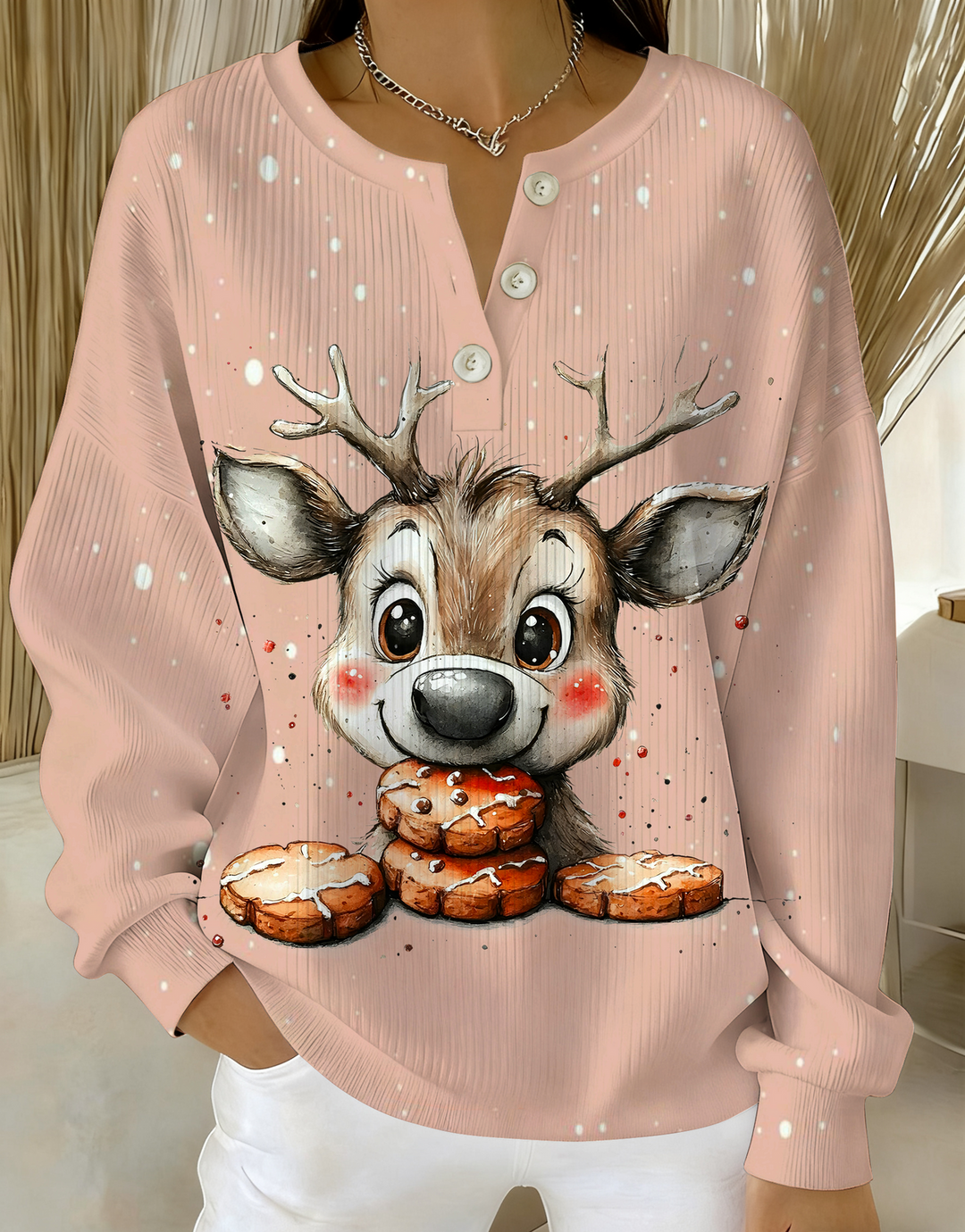 Funny Christmas Reindeer Knitted Button Long-Sleeved Top