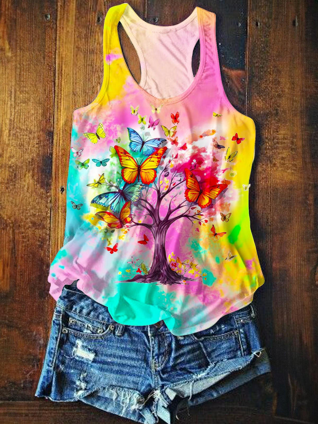 Colorful Butterfly Flower Printed Casual Tank Top