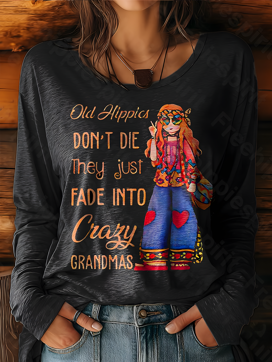 Women's Fun Hippie Art Round Neck Long Sleeve T-shirt