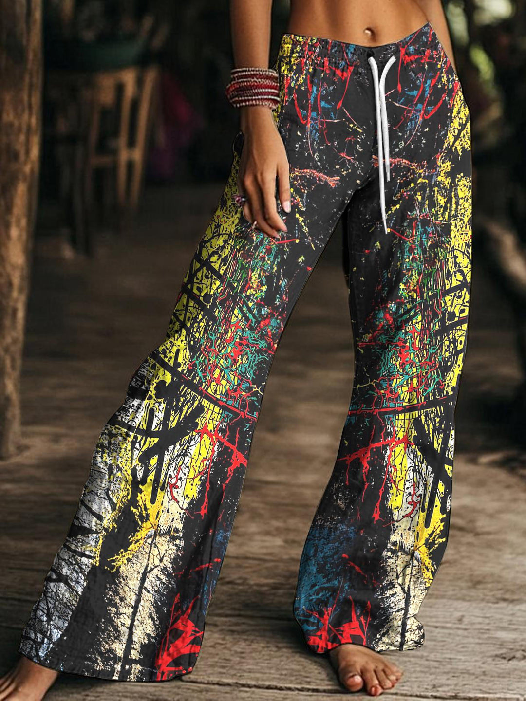 Women's Vintage Hippie Print Drawstring Wide-Leg Pants