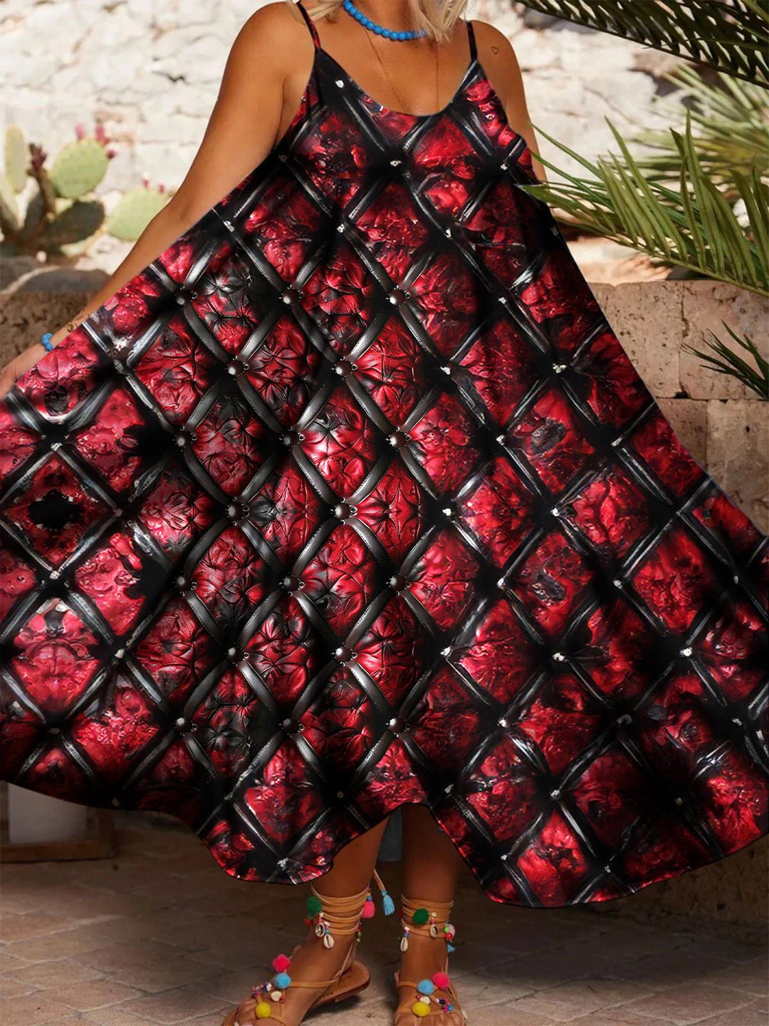 Women's Gothic Rose Print Casual Spaghetti Strap Dress