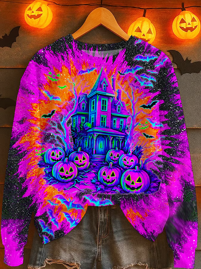 Vintage Tie-dye Halloween Printed Long Sleeve Casual Top