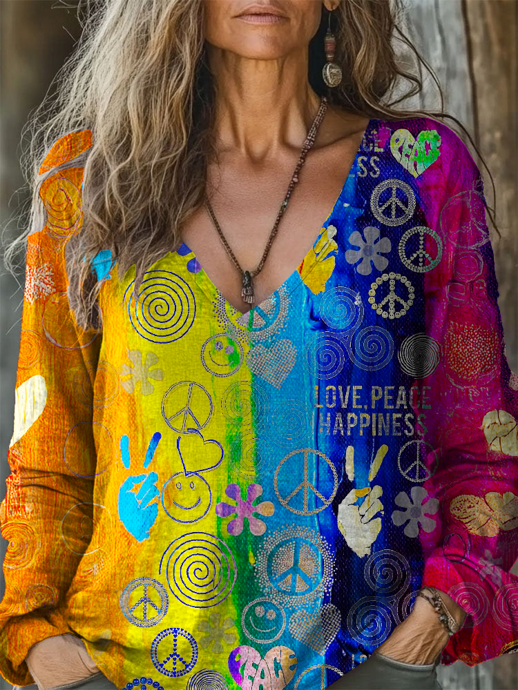 Colorful Classic Hippie Art V-neck Long Sleeve Top