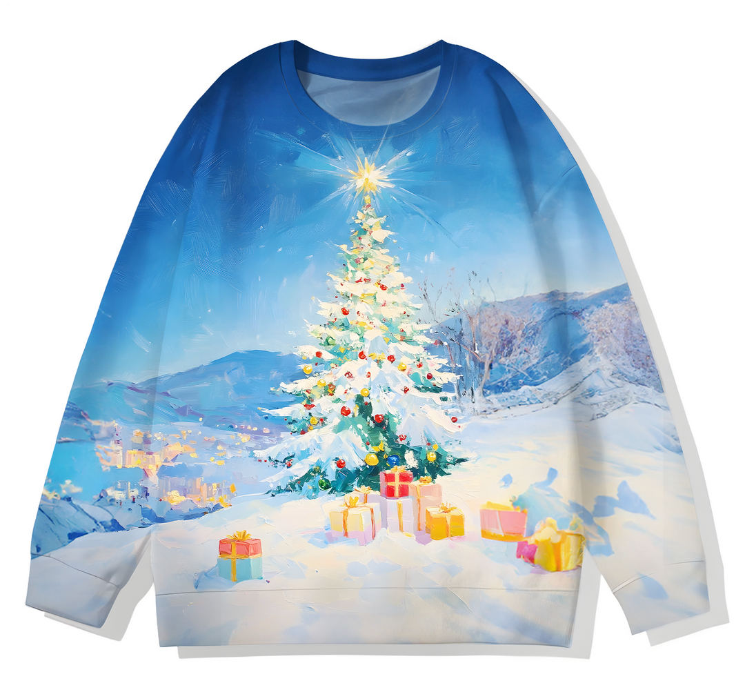 Winter Snow Scene Christmas Tree Printed Long Sleeve Casual Top
