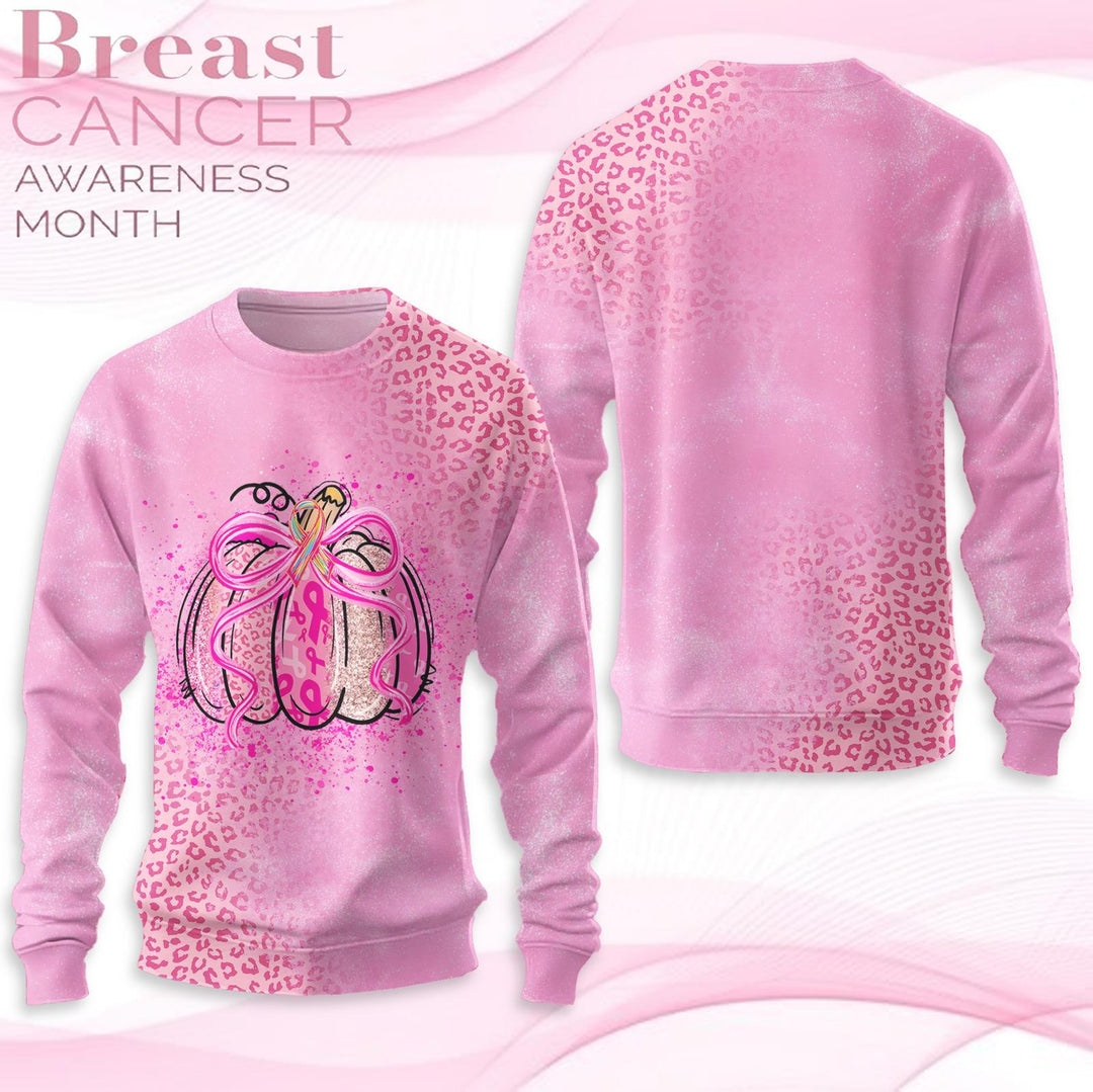 Fall Breast Cancer Pumpkin Leopard Print Long Sleeve Casual Top