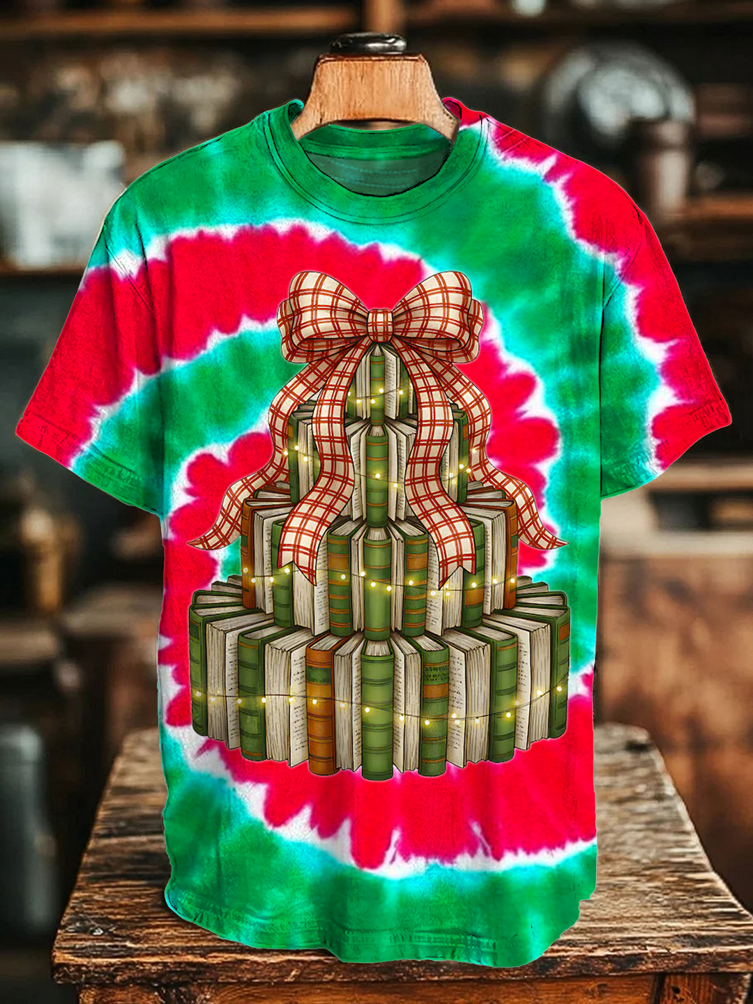 Tie-dye Christmas Book Tree Crew Neck T-shirt