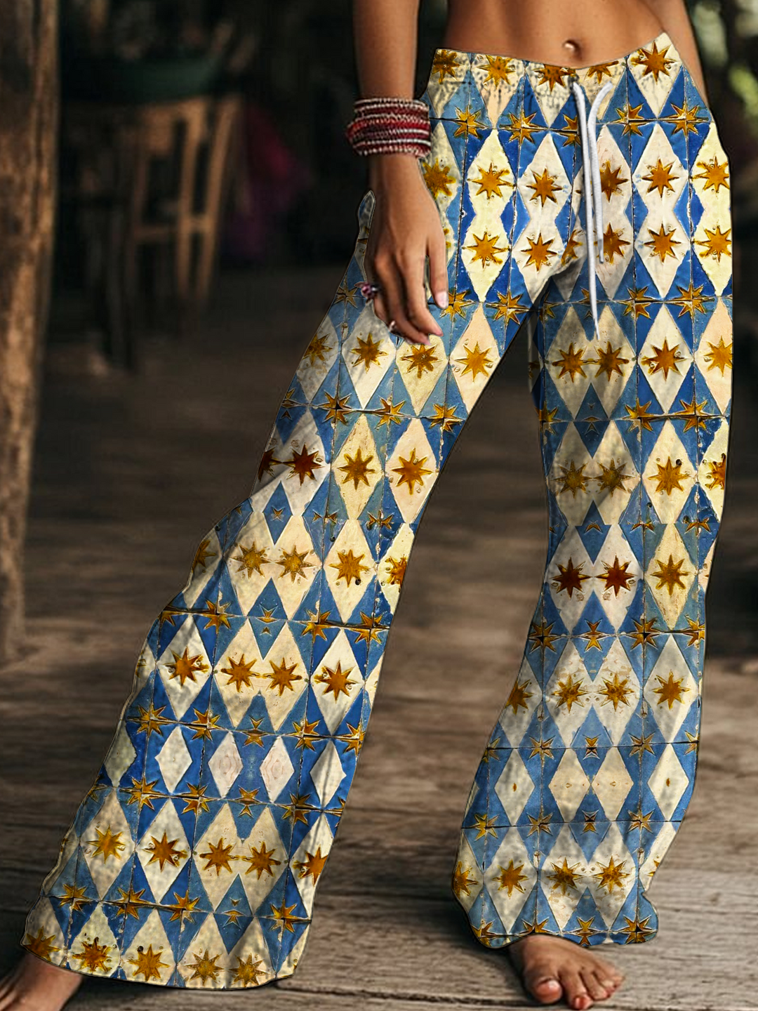 Retro Geometric Hippie Sun Moon Art Women's Drawstring Wide-Leg Pants